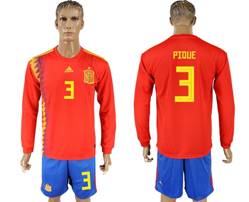 Spain #3 Pique Red Home Long Sleeves Soccer Country Jersey - Click Image to Close